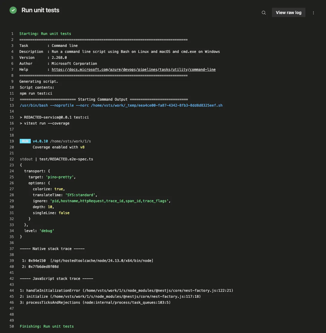 Azure DevOps pipeline log showing a successful test step despite Vitest worker crashes