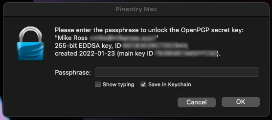 Pinentry Mac showing password field and option to "Save in Keychain"